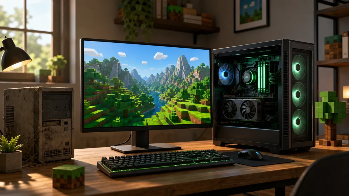 Ancien ordinateur face à un PC moderne faisant tourner un paysage de blocs