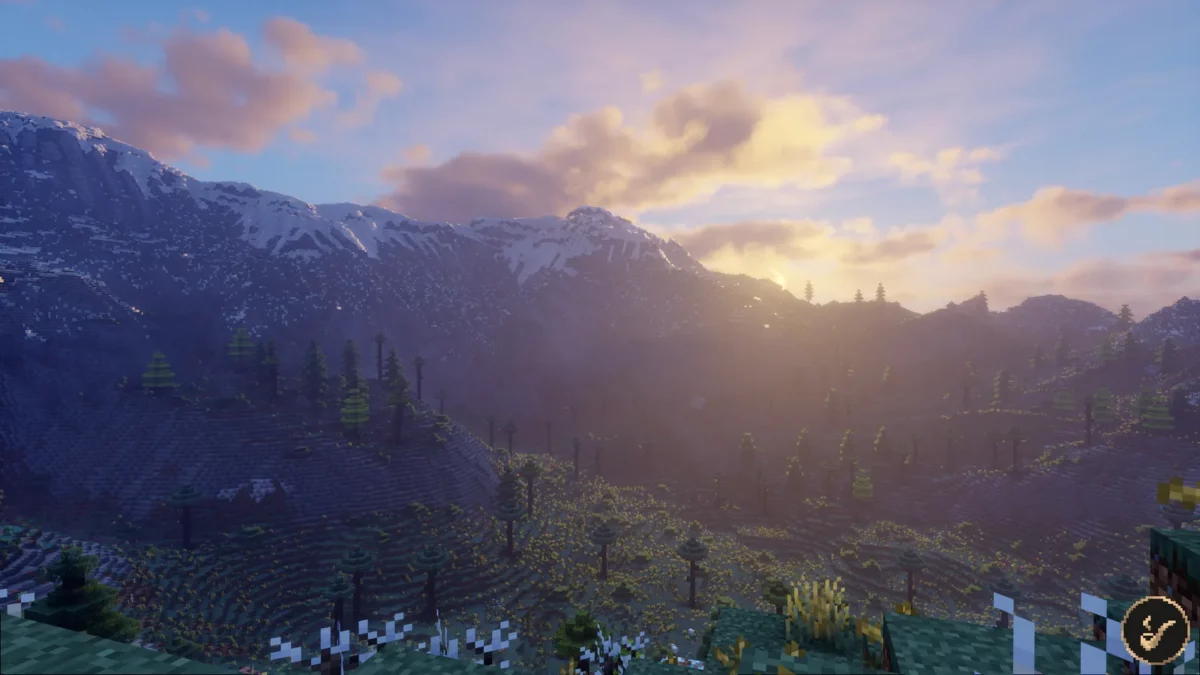 mod Minecraft Middle-earth coucher de soleil sur les sommets enneiges des Monts Brumeux du nord