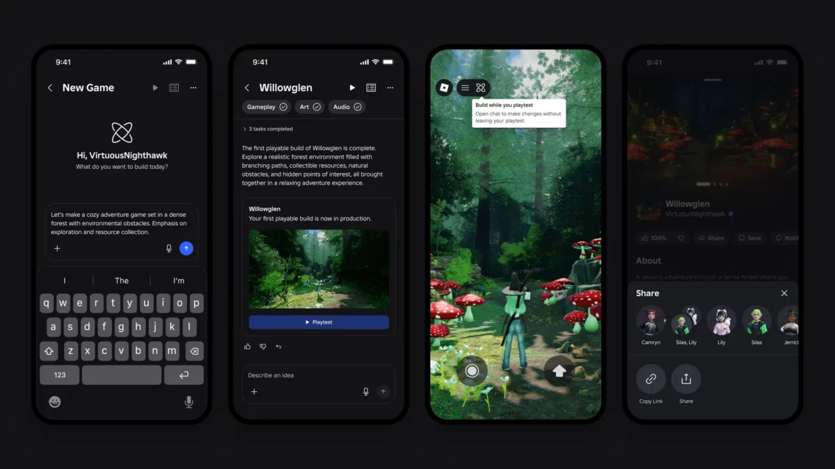 Capture officielle de Roblox Build montrant les quatre étapes de création d’un jeu par IA sur mobile