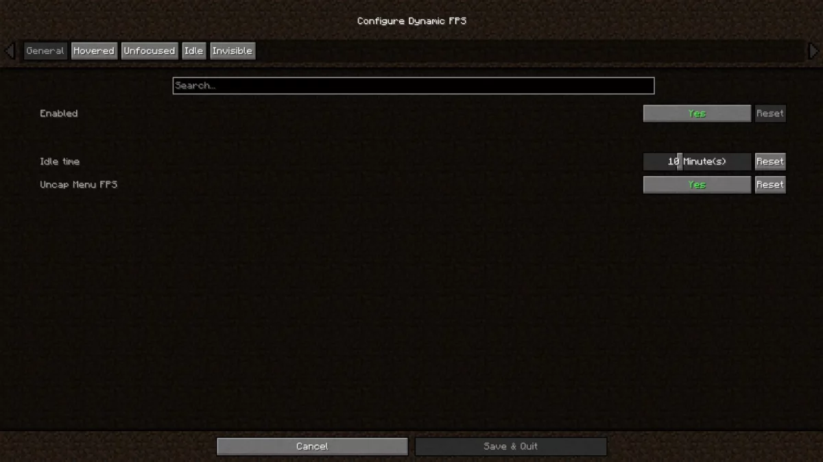 mod Minecraft Dynamic FPS écran de configuration principal avec le délai d'inactivité et les options générales