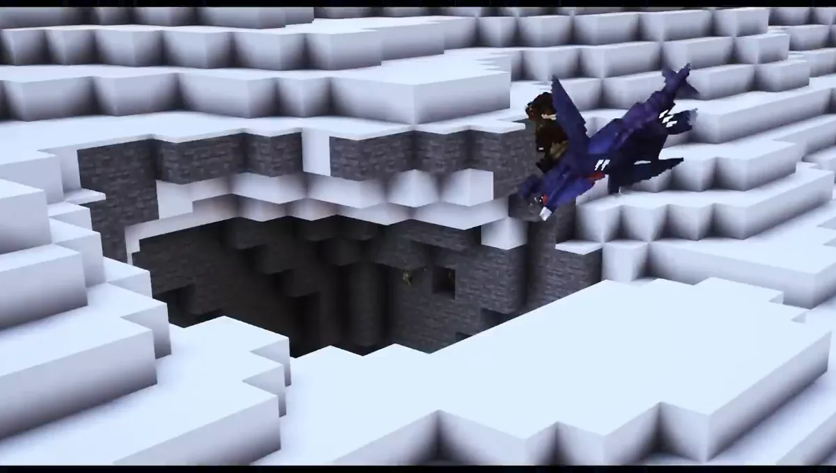 mod Minecraft Cobblemon 1.8 explorateur arrivant au-dessus d’une crevasse enneigée avant la descente dans la grotte