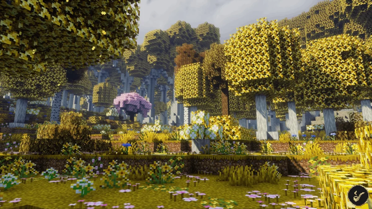 mod Minecraft Middle-earth foret doree de la Lothlorien traversee par une riviere sous un feuillage jaune