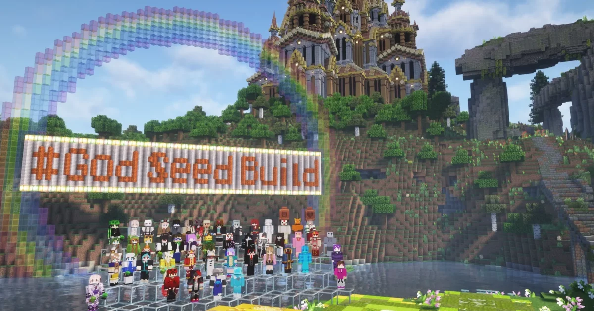 map Minecraft God Seed Build groupe de bâtisseurs devant un château monumental et une arche colorée
