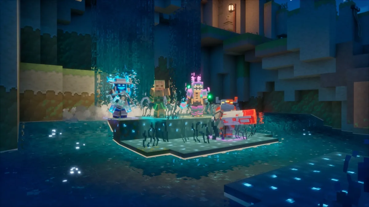 Minecraft Dungeons II quatre héros en armures colorées posent avec leurs armes sur un sol corrompu par le sculk