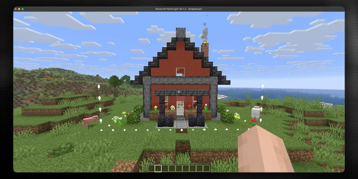 Capture Minecraft montrant la maison Minedit après le remplacement du bois par des blocs de pierre
