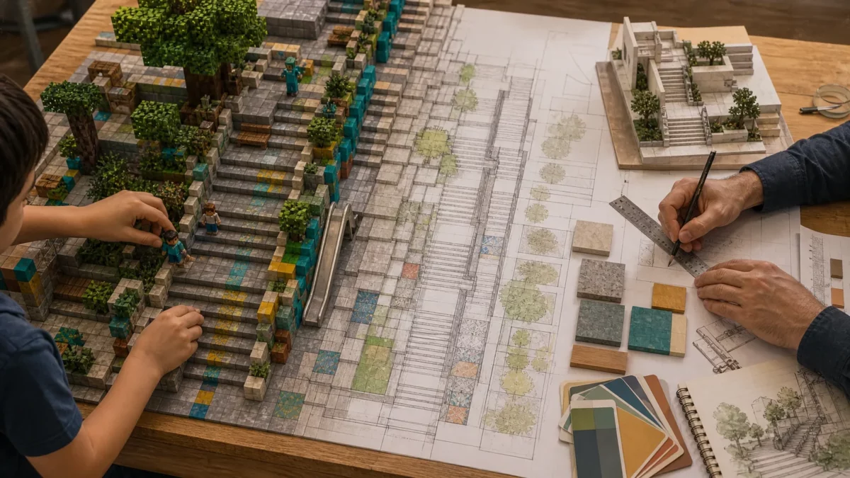 Une maquette Minecraft d'escalier devient un plan architectural étudié par des enfants et un urbaniste