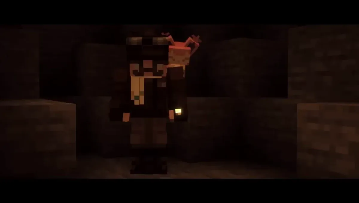 mod Minecraft Cobblemon 1.8 explorateur avançant dans une grotte avec un Mentali chromatique sur l’épaule