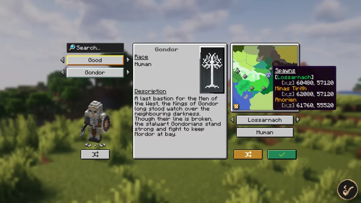mod Minecraft Middle-earth menu de selection de faction avec carte et choix du point d'apparition