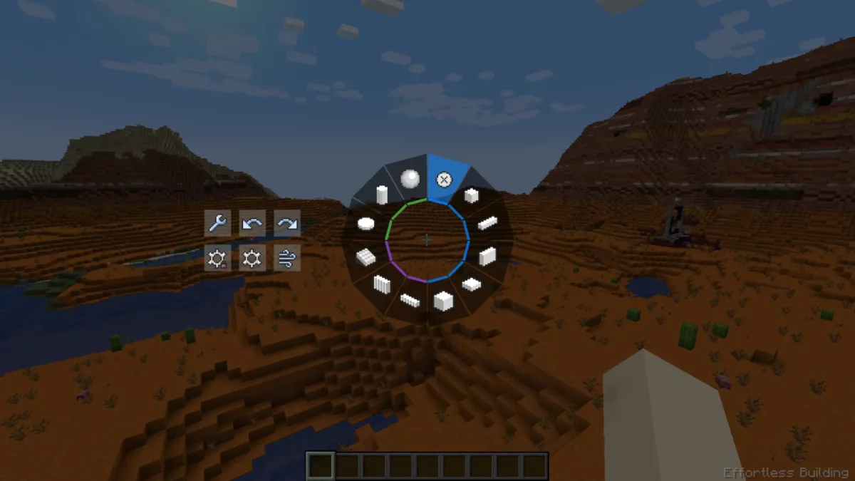 mod Minecraft Effortless Building menu radial ouvert pour choisir un mode de construction