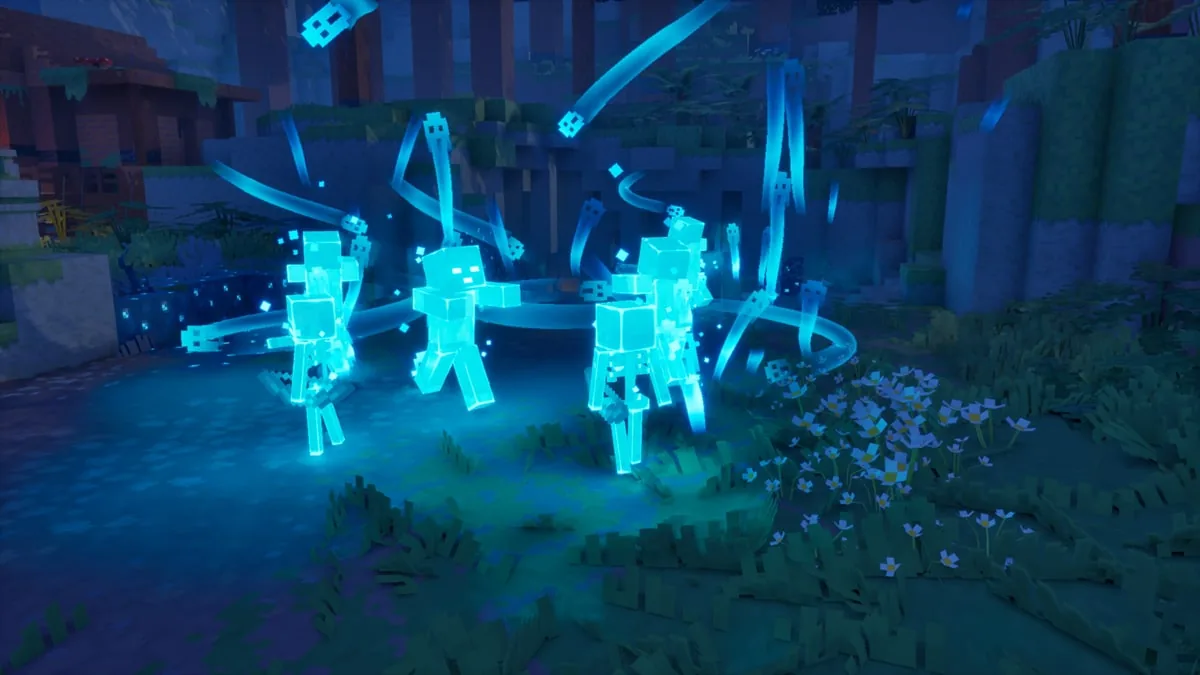 Minecraft Dungeons II des créatures spectrales bleues envahissent une forêt nocturne entourées d'effets d'énergie lumineuse