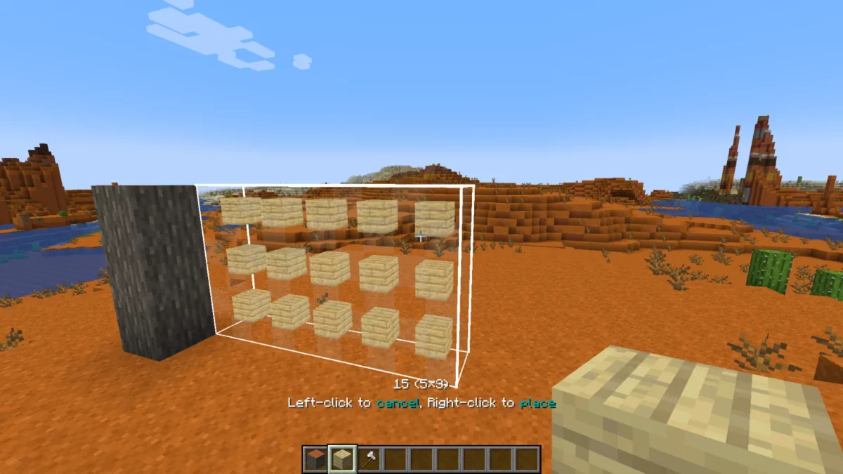 mod Minecraft Effortless Building mode mur remplissant une surface verticale d'un coup