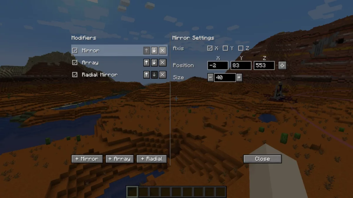 mod Minecraft Effortless Building modificateur miroir reflétant chaque pose de l'autre côté