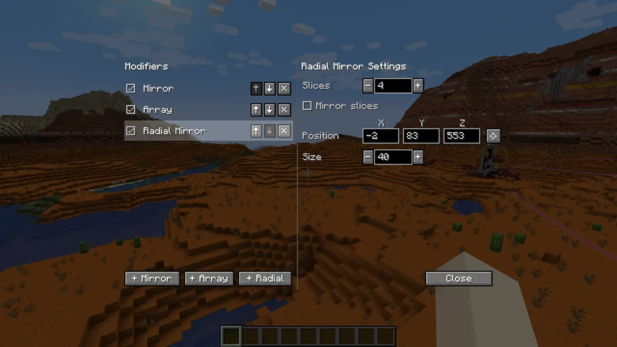 mod Minecraft Effortless Building modificateur miroir radial découpant la zone en tranches autour d'un centre