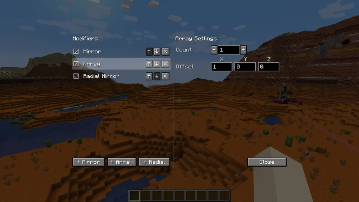 mod Minecraft Effortless Building modificateur réseau répétant le bloc posé dans une direction