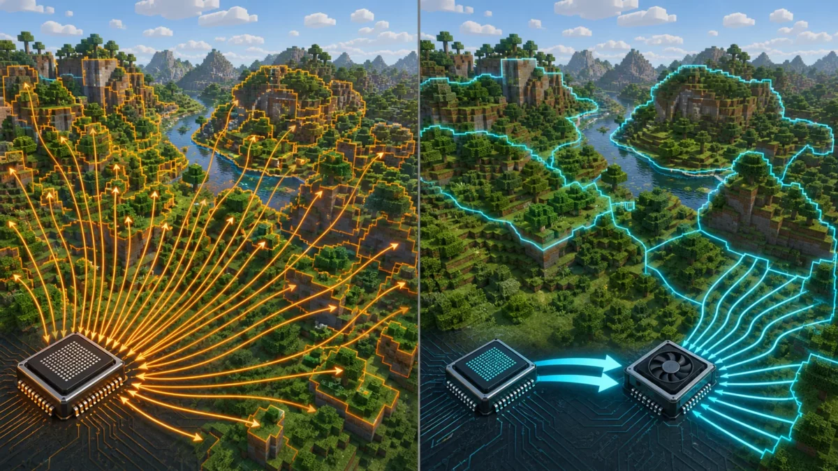 omparaison entre des commandes de rendu séparées et regroupées avec MultiDrawIndirect dans Minecraft