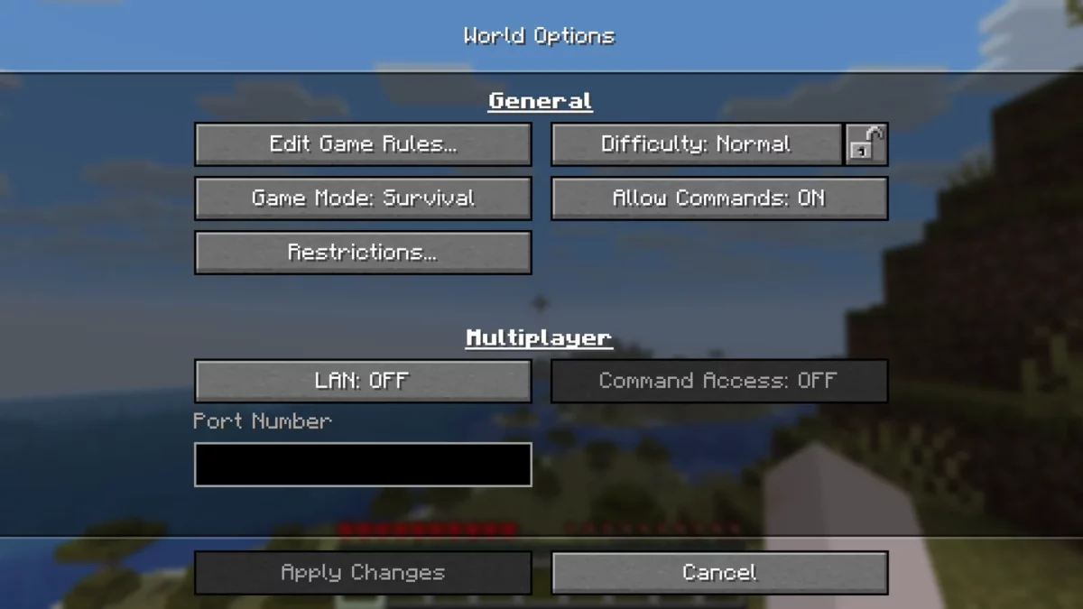 écran Options du monde de Minecraft Java avec les réglages du mode de jeu, du LAN, des commandes et du port