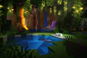 Glowing Caves Background est un pack qui remplace le fond du menu de Minecraft par une caverne luxuriante pack de texture Minecraft Glowing Caves Background panorama de grotte lumineuse tournant en fond du menu