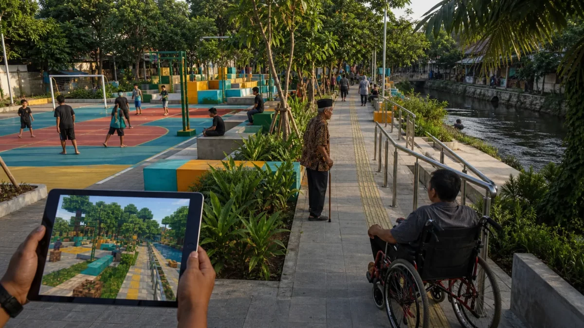 Un parc accessible en Indonésie comparé à sa maquette Minecraft sur une tablette