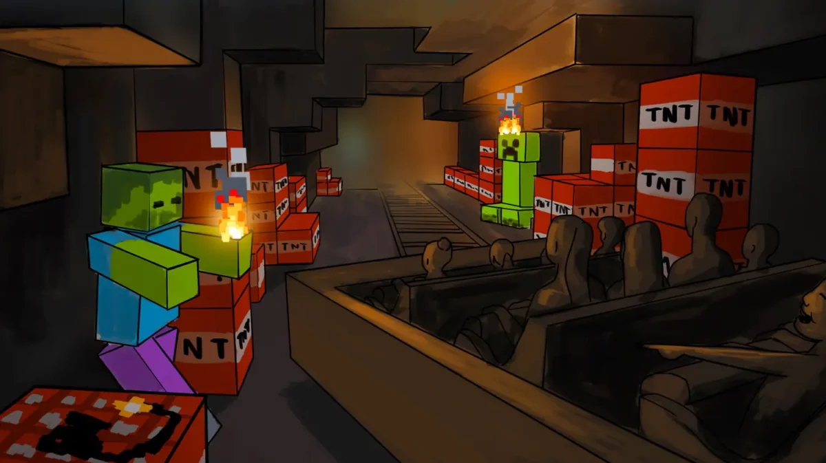 Concept art d'une section intérieure du parcours de Minecraft World avec structures cubiques et éclairage thématisé
