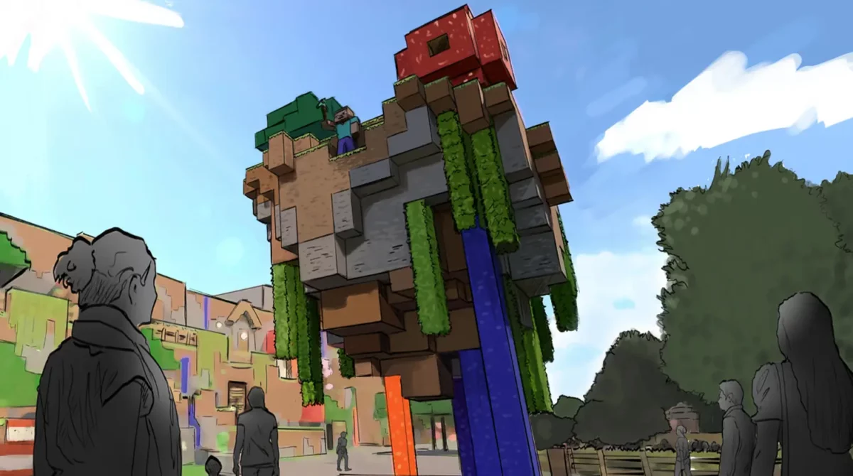 Concept art de la place centrale de Minecraft World survolée par la section extérieure du Multi Dimension Coaster