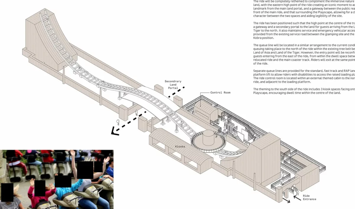 Plan de relocalisation de KOBRA dans Minecraft World avec le passage piéton aménagé sous l'attraction