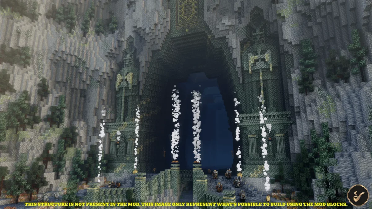 mod Minecraft Middle-earth portes monumentales d'Erebor gardees par deux statues naines geantes