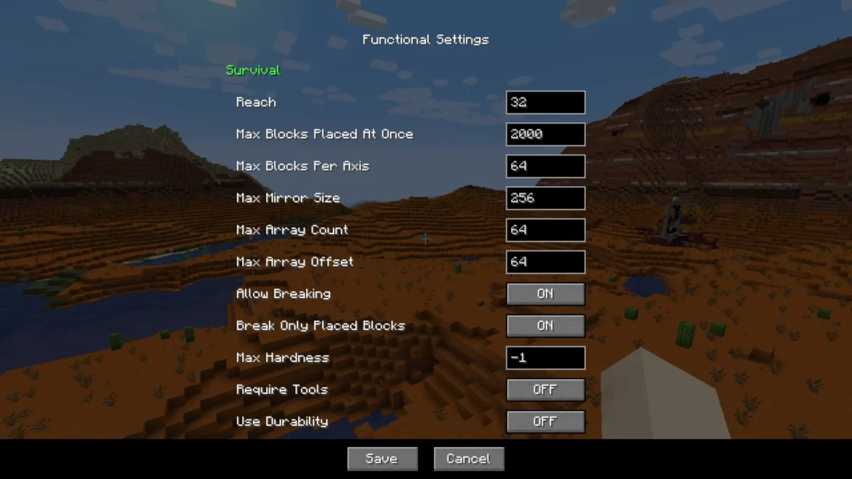 mod Minecraft Effortless Building écran de réglages fonctionnels réservés aux administrateurs pour équilibrer la survie