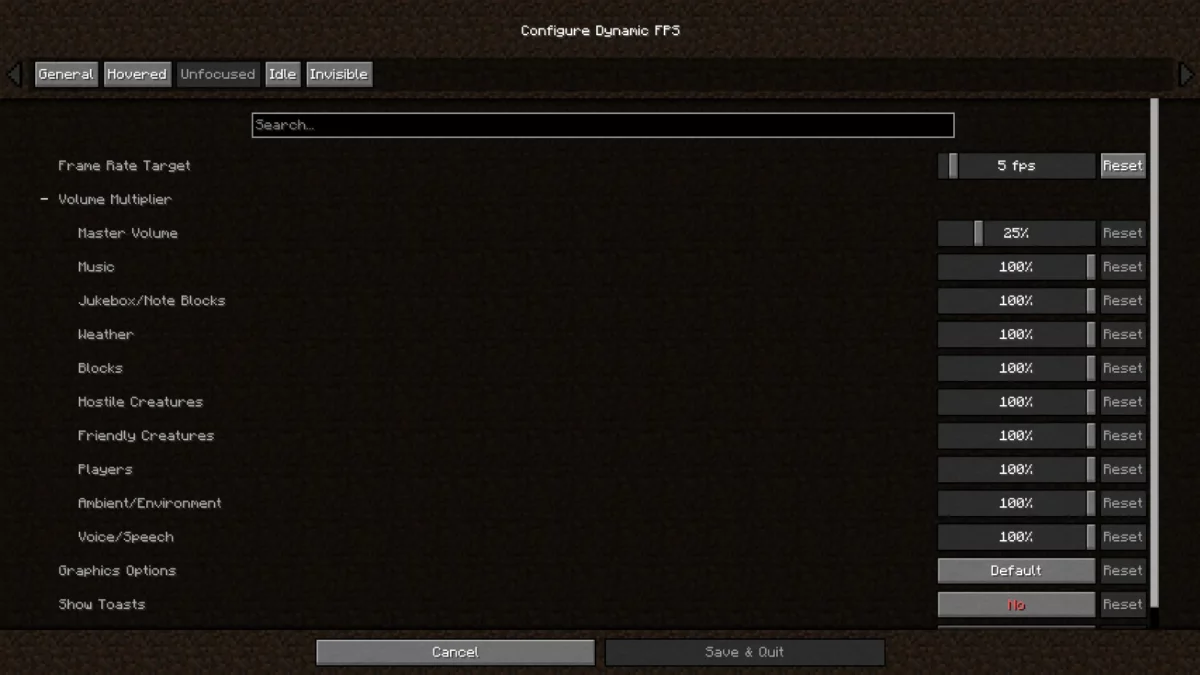 mod Minecraft Dynamic FPS réglage du volume catégorie de son par catégorie de son