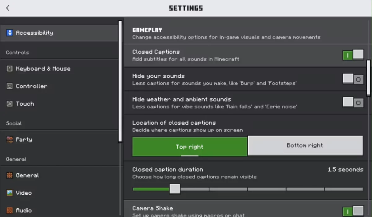 menu d'accessibilité de Minecraft Bedrock avec l'option de sous-titres activée et les réglages de position et de durée