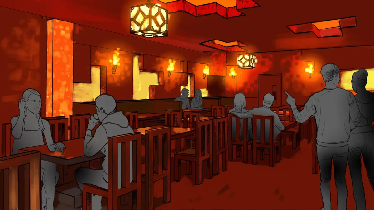 Concept art du restaurant self-service de 200 places de Minecraft World avec mobilier en blocs de bois