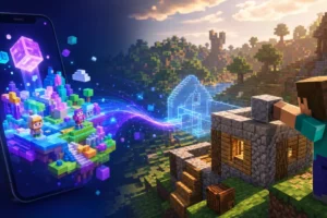 Roblox lance la création de jeux par IA sur mobile, et Minecraft dans tout ça ? Illustration comparant la création d’un jeu par IA sur Roblox et la construction manuelle dans Minecraft