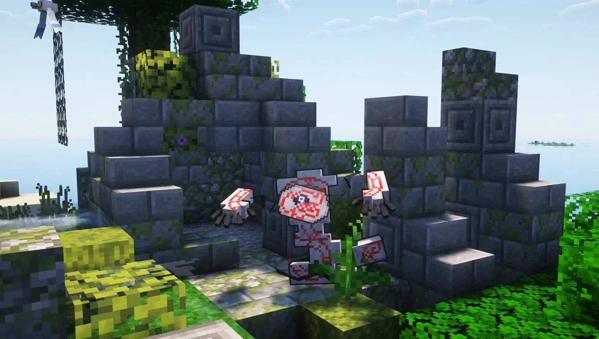 mod Minecraft Cobblemon 1.8 Pokémon au milieu de ruines moussues générées dans une jungle lumineuse