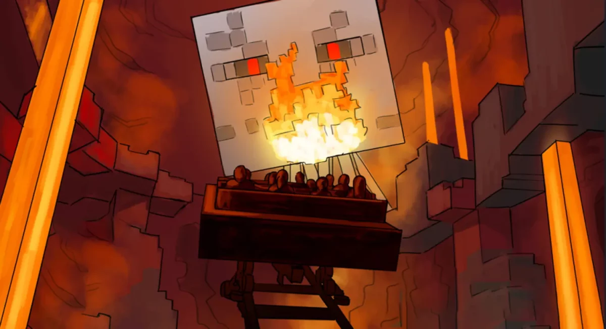 Concept art d'une scène de l'attraction principale de Minecraft World avec personnages et décors cubiques