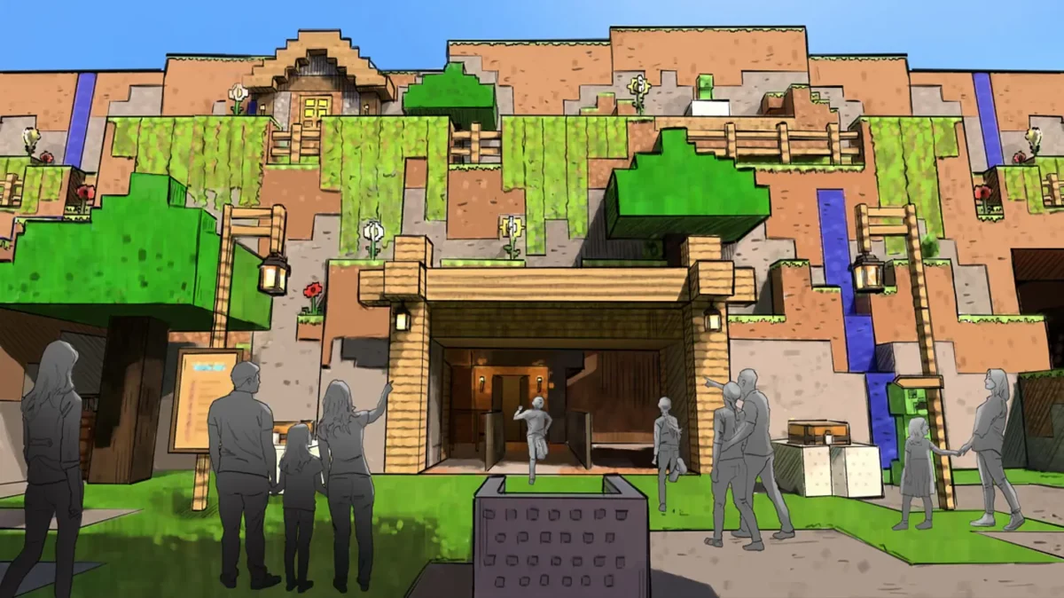 Scène intérieure du Multi Dimension Coaster de Minecraft World avec des décors construits en blocs grandeur nature