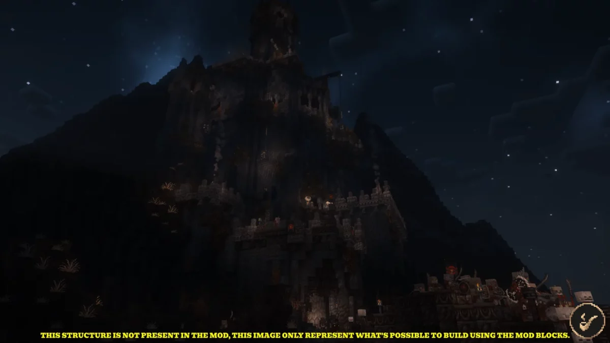 mod Minecraft Middle-earth tour de Cirith Ungol eclairee de rouge dans la nuit du Mordor