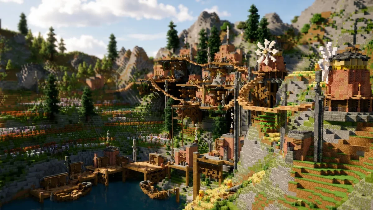 map Minecraft God Seed Build village de montagne avec moulins champs et maisons aménagés en terrasses