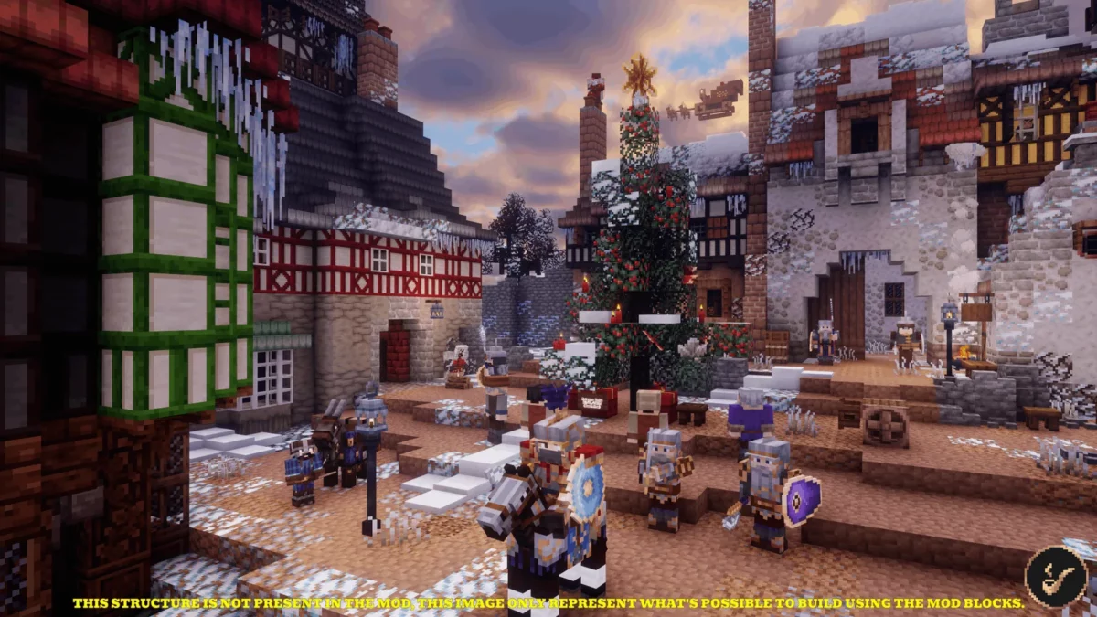 mod Minecraft Middle-earth ville de Dale sous la neige illuminee pour les fetes de Yule
