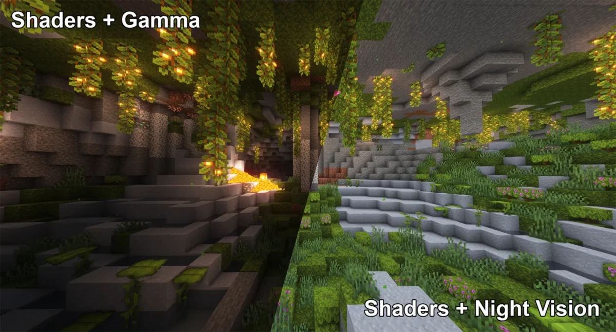 mod Minecraft Gamma Utils vision nocturne côté client fonctionnant même en combinaison avec des shaders