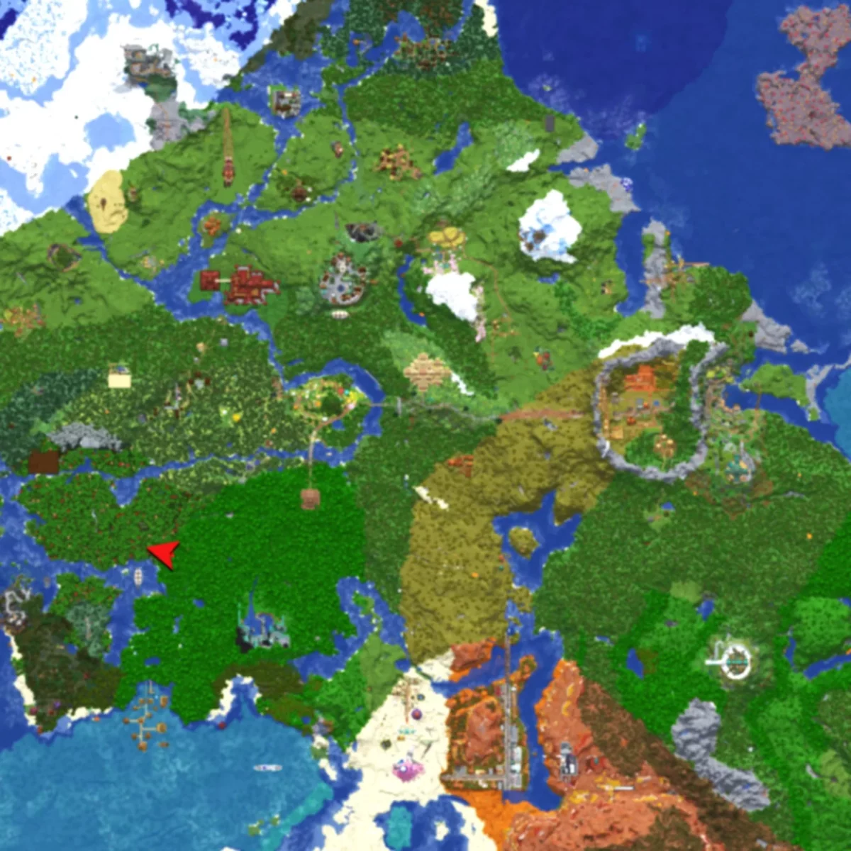 map Minecraft God Seed Build vue aérienne des biomes et constructions répartis autour du point d’apparition