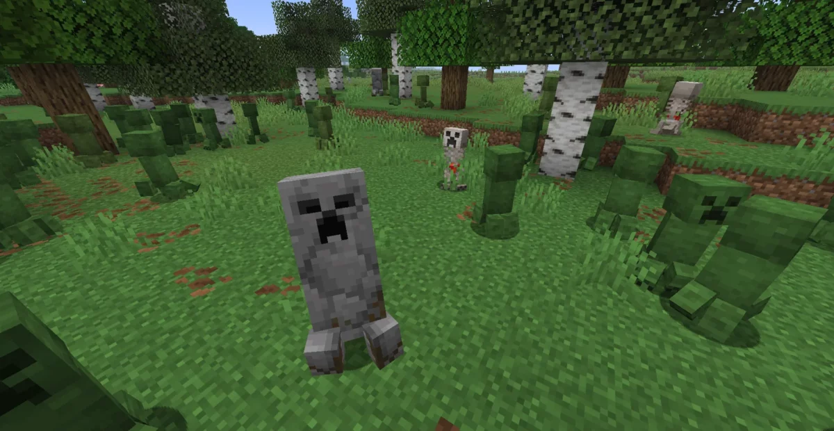 Plusieurs Creepers animés et colorés montrant la compatibilité avec Fresh Animations dans Minecraft