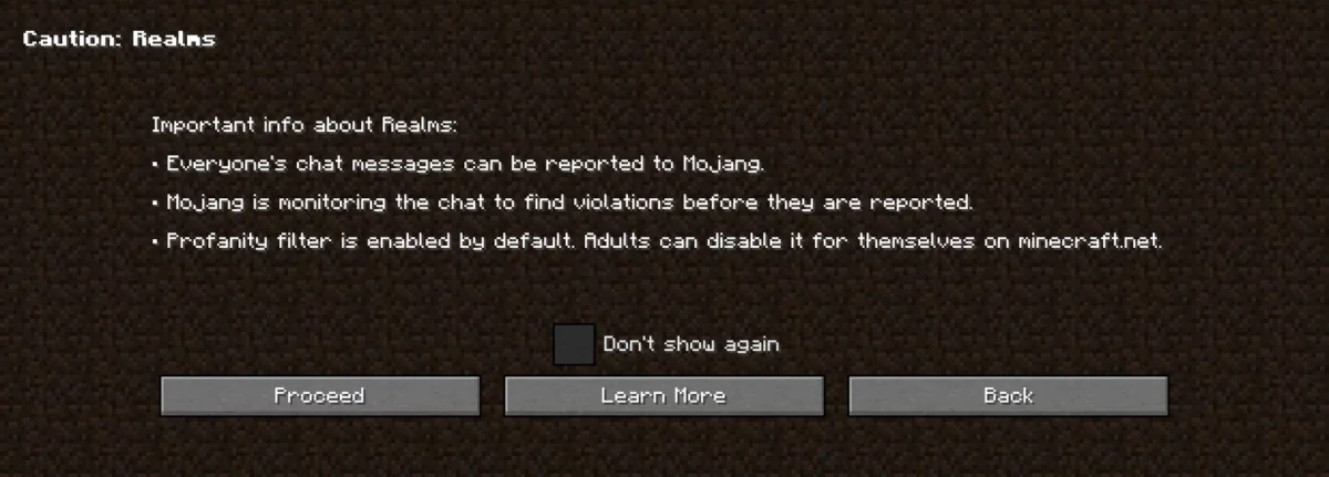 Avertissement sur le signalement des messages avant de rejoindre Minecraft Realms