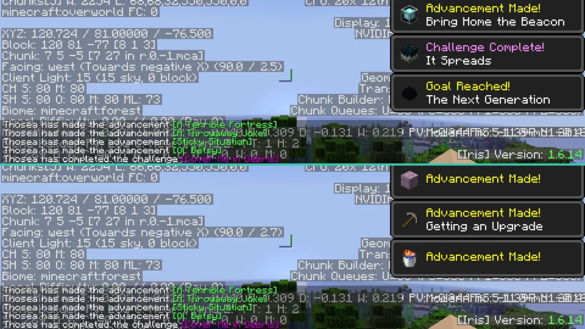 Comparaison des performances de Minecraft avec notifications avant et après l’activation complète de BadOptimizations