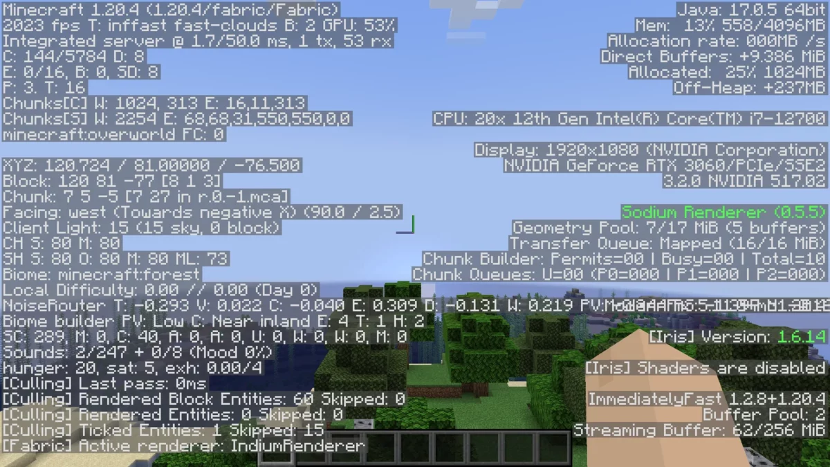 Test de performances Minecraft avec BadOptimizations actif dans la même scène de référence
