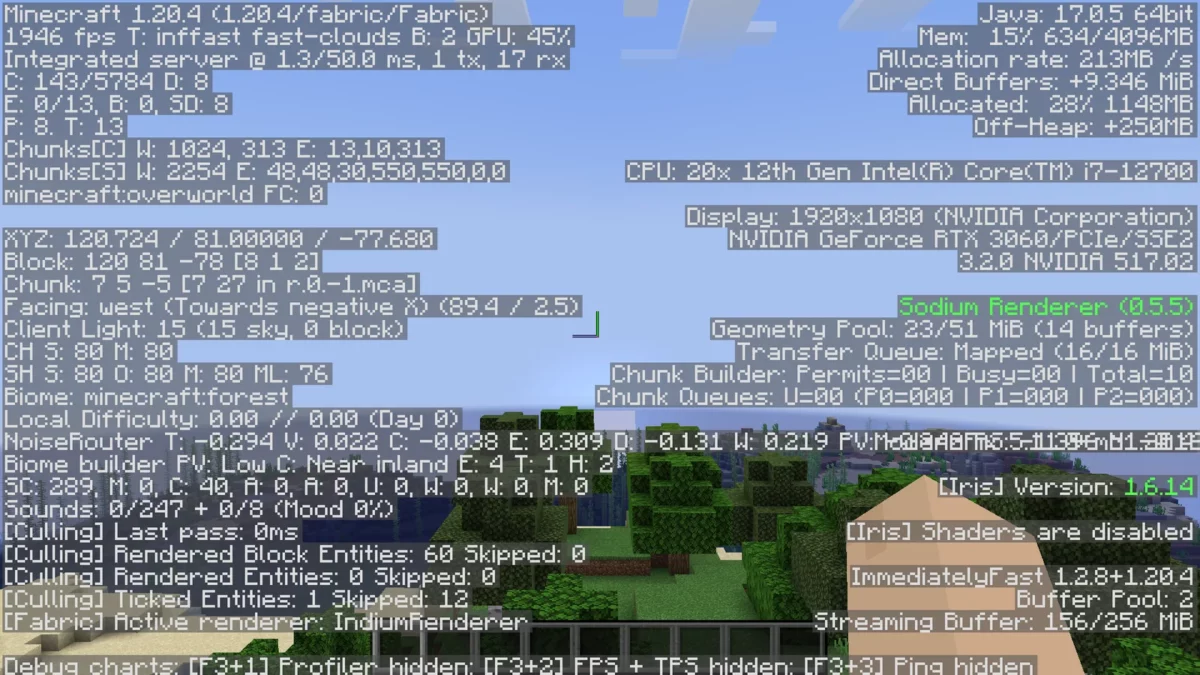 Test de performances Minecraft sans BadOptimizations dans la scène de référence du créateur