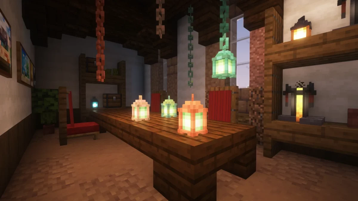 Lanternes et chaînes en cuivre redessinées en 3D par Better Lanterns dans Minecraft
