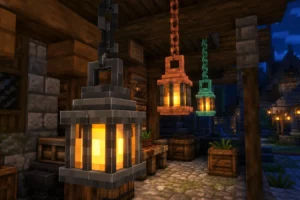 Better Lanterns est un pack donne du volume aux lanternes et aux chaînes de Minecraft Lanternes et chaînes tridimensionnelles éclairant un atelier Minecraft avec Better Lanterns