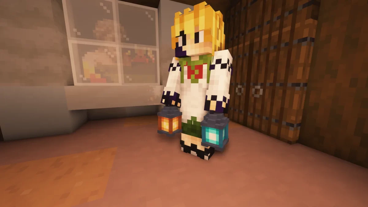 Joueur tenant une lanterne Better Lanterns à la troisième personne dans Minecraft