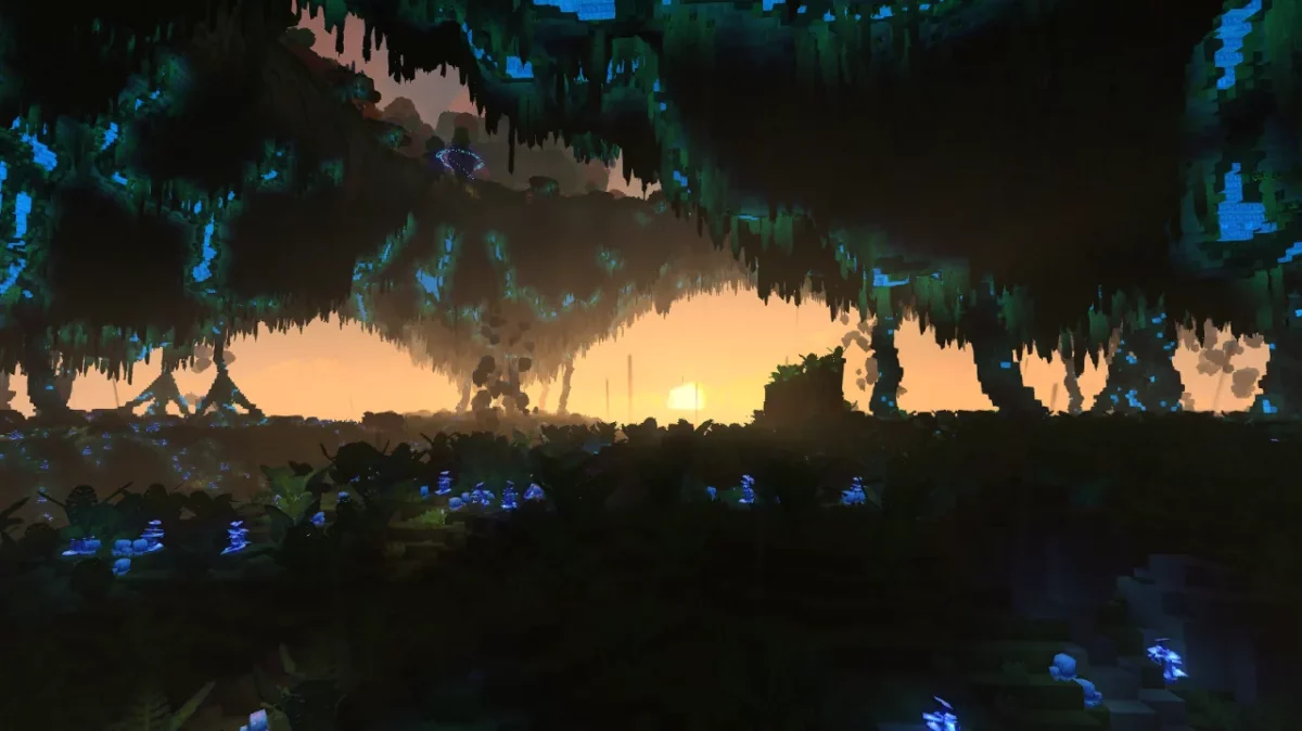 Forêt souterraine sombre bordée de végétation bleue lumineuse dans Hytale
