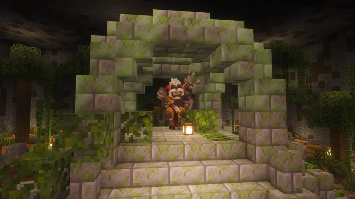 Personnage équipé dans des ruines souterraines de la campagne de Craft to Exile 2