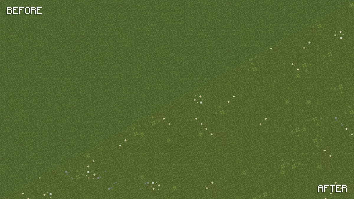Comparaison avant après de l'herbe avec Simple Grass Flowers dans Minecraft